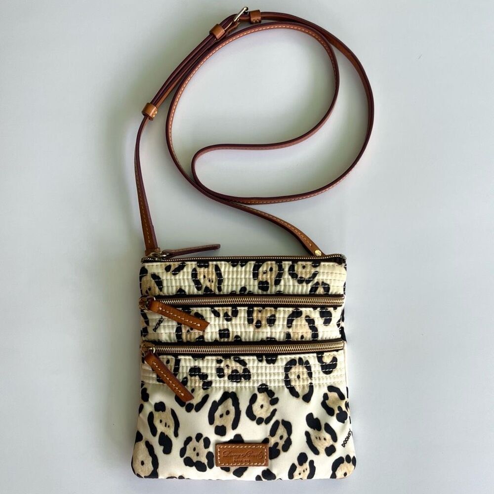 Dooney & Bourke Nylon Leather Leopard Crossbody North South Triple Zip Messenger